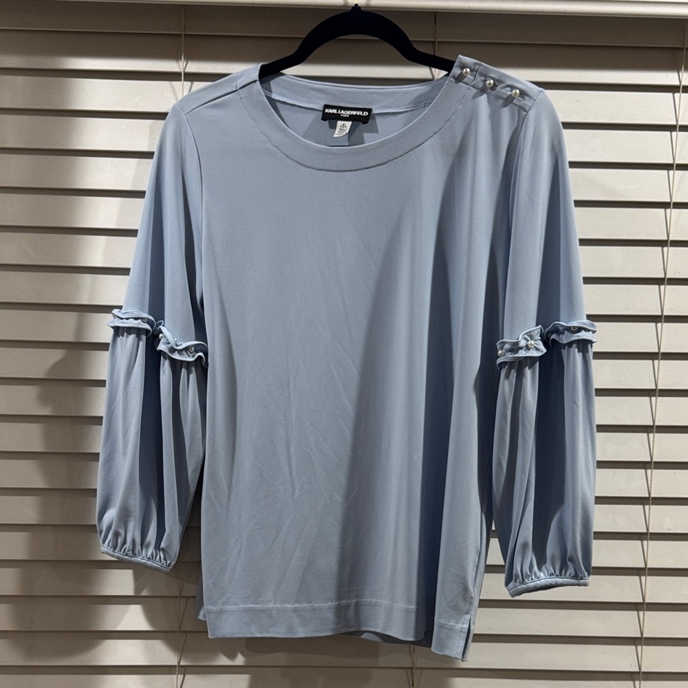 Karl Lagerfeld Light Blue Ruffle Sleeve Pearl-Button Top